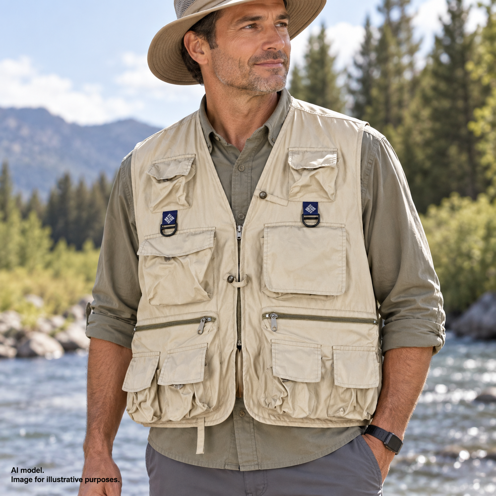 Columbia Fly Fishing Vest Men L XL Tan Khaki Vented PFG Vintage Multiple Pockets